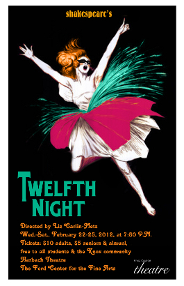 Poster for Twelfth Night with production dates and times