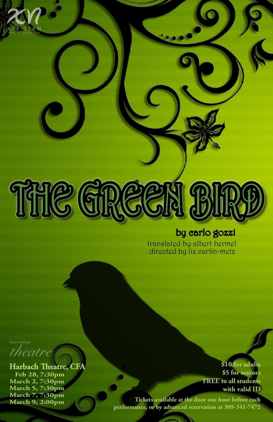 Poster for The Green Bird with production dates and times