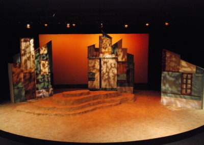 full stage image of all the scenery, three structures that are left, center, and right