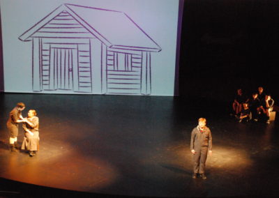 two people in spotlight stage right, one person in spotlight center, five people watching from stage left, image of drawing of a simple house projected on background